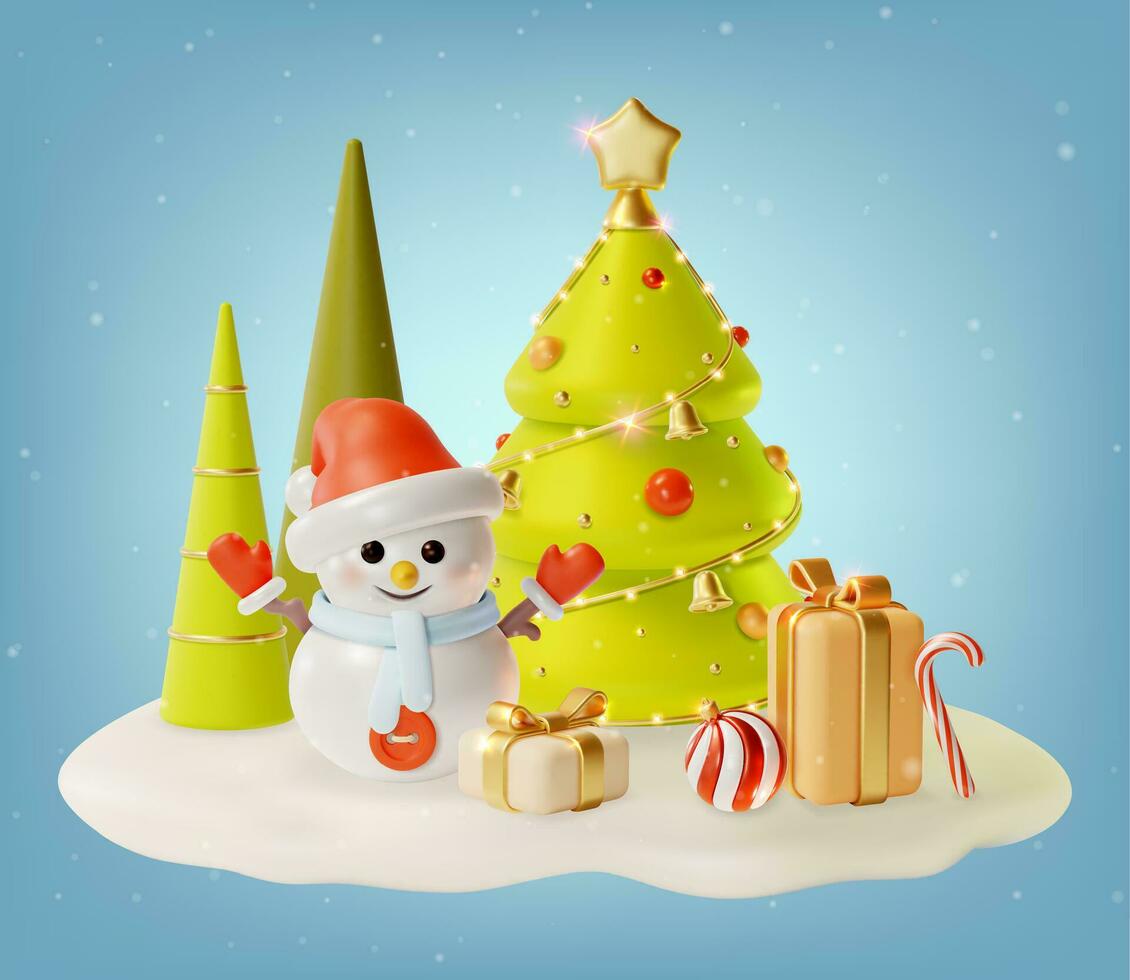3d alegre Navidad y contento nuevo año concepto Navidad árbol con monigote de nieve y regalo cajas alrededor dibujos animados estilo. vector