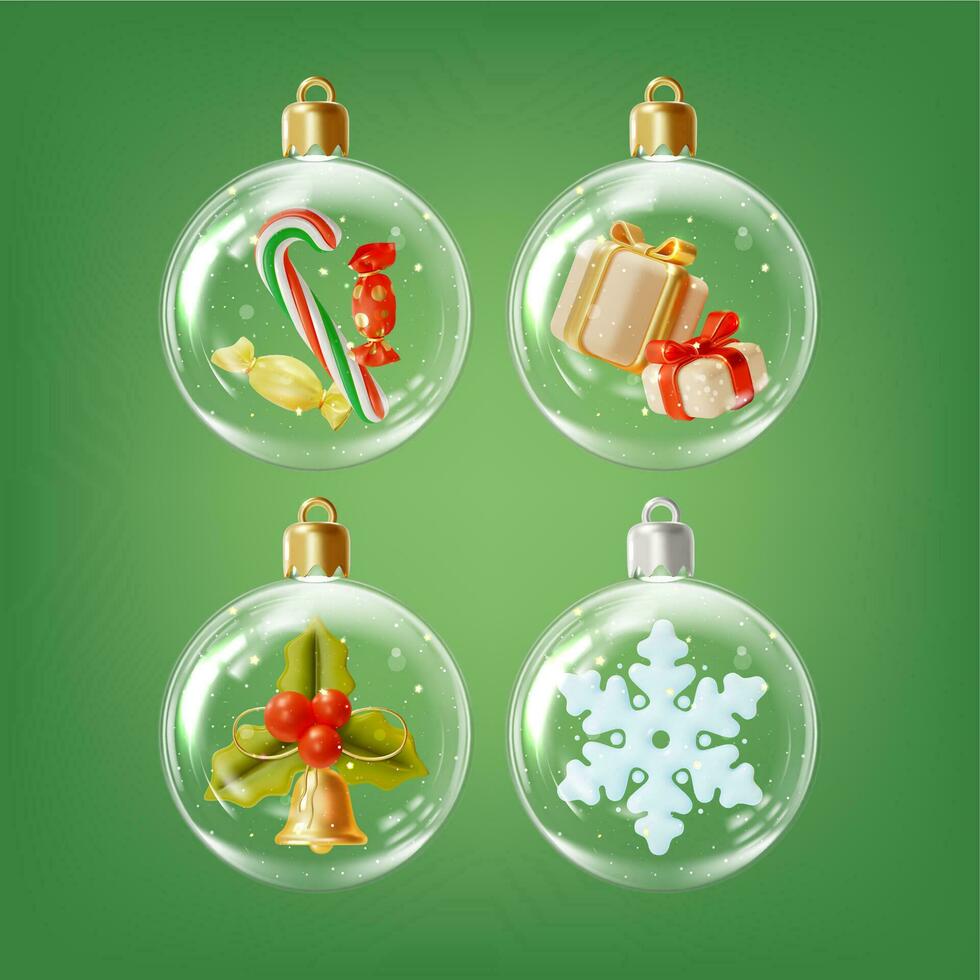 3d Merry Christmas and Happy New Year Concept Glass Ball Set Cartoon Style. Vector