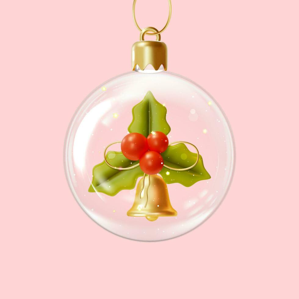 3d Merry Christmas and Happy New Year Concept Glass Ball Transparent inside Branch Mistletoe Cartoon Style. Vector