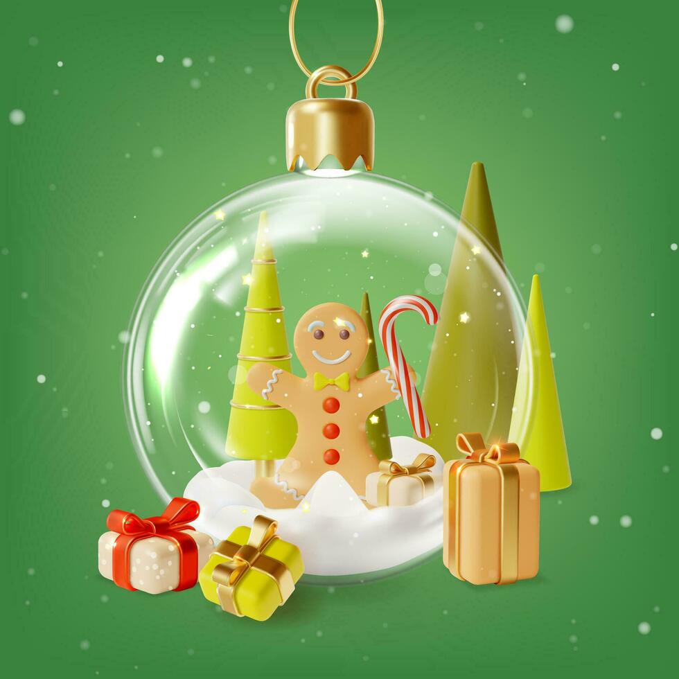 3d Merry Christmas and Happy New Year Concept Glass Ball inside Gingerbread Man Gift Boxes Around Cartoon Style. Vector