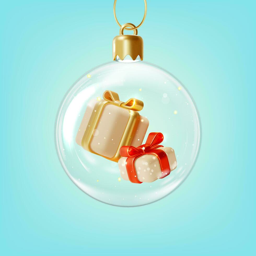 3d Merry Christmas and Happy New Year Concept Glass Ball Transparent inside Gift Boxes Cartoon Style. Vector