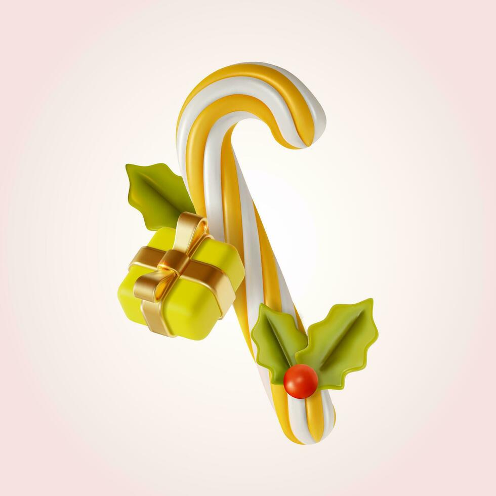 3d Merry Christmas and Happy New Year Concept Branch Mistletoe, Gift Box and Candy Cane Set Cartoon Style. Vector