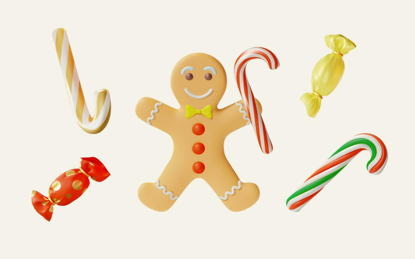 3d Merry Christmas and Happy New Year Concept Gingerbread Man and Traditional Xmas Candy Set Cartoon Style. Vector