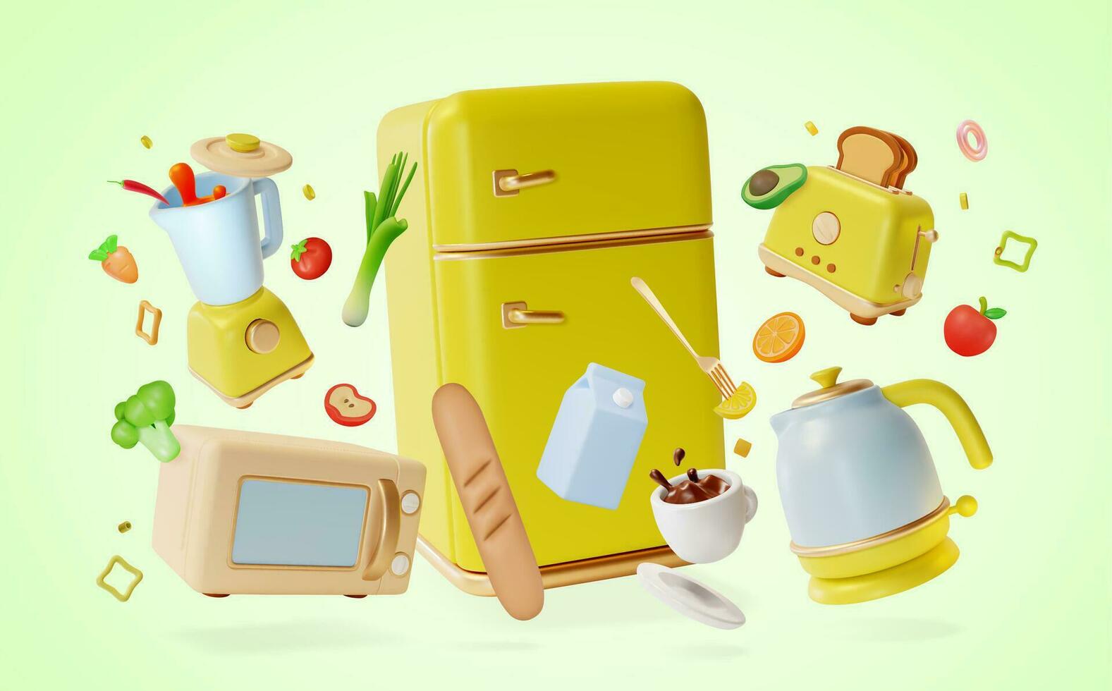 3d cocina Cocinando concepto dibujos animados estilo refrigerador y eléctrico accesorios alrededor. vector