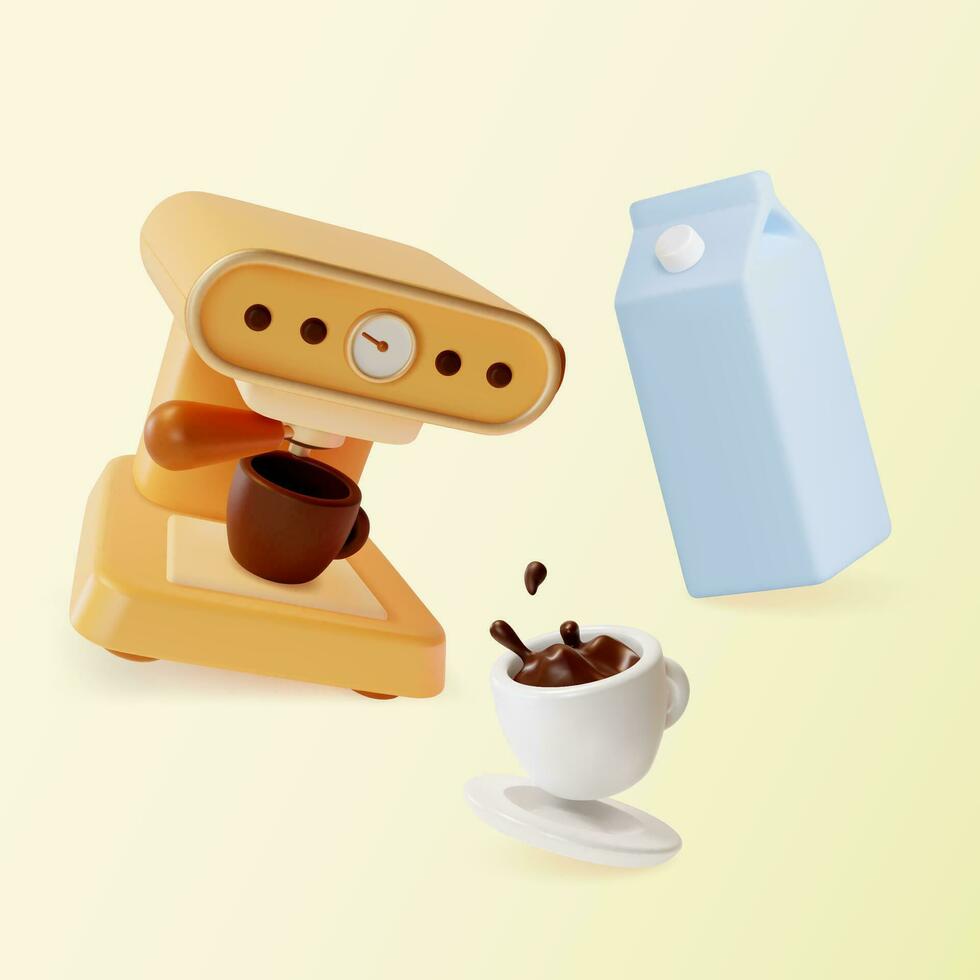 3d Kitchen Concept Cartoon Style Coffee Machine with Cup and Milk Pack. Vector