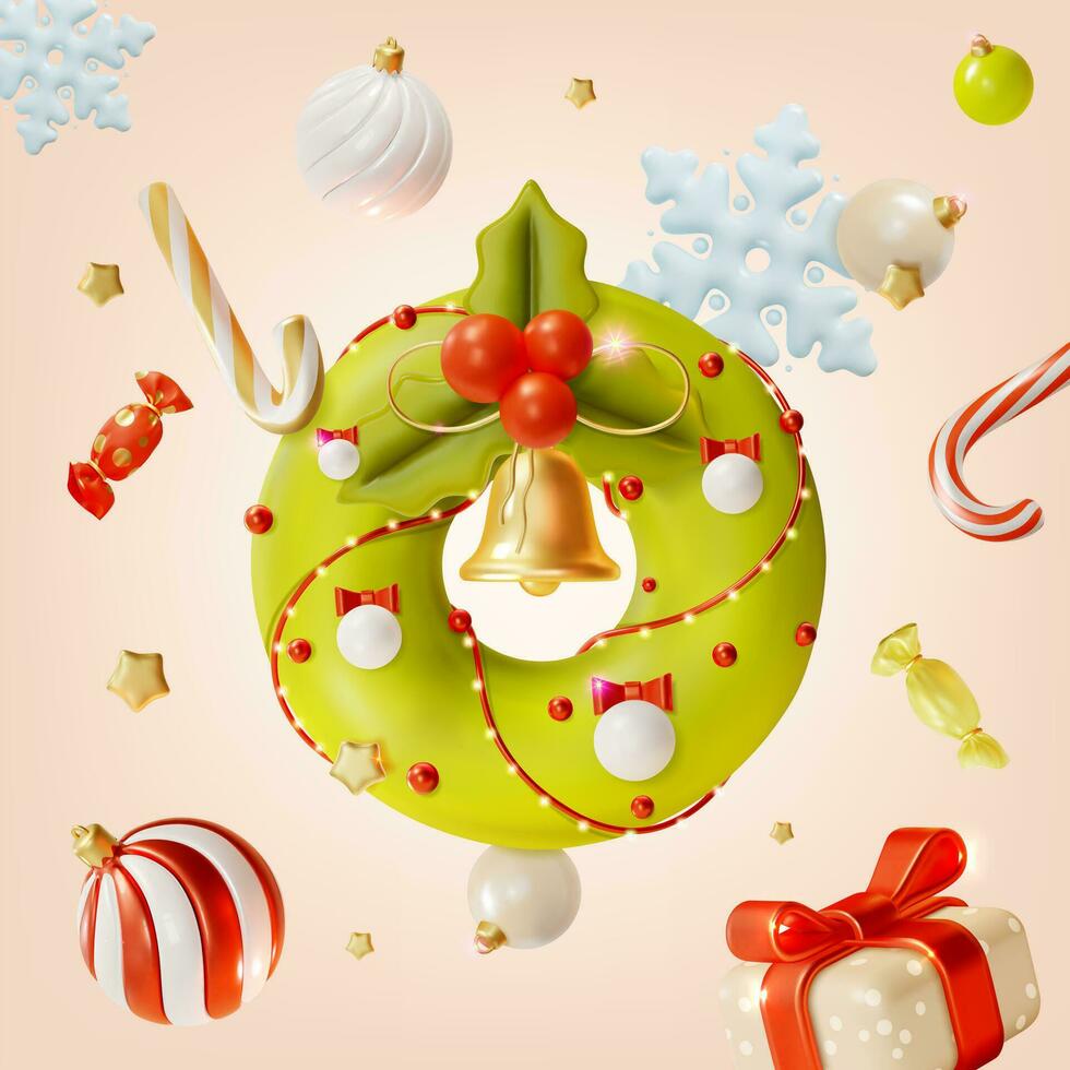 3d Merry Christmas and Happy New Year Concept Background Xmas Wreath and Branch Mistletoe Cartoon Style. Vector
