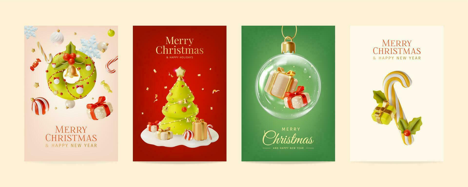 3d Merry Christmas and Happy New Year Placard Poster Banner Card Template Set Cartoon Style. Vector