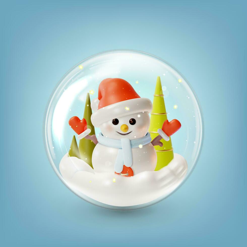 3d Merry Christmas and Happy New Year Concept Glass Ball Transparent inside Snowman Cartoon Style. Vector