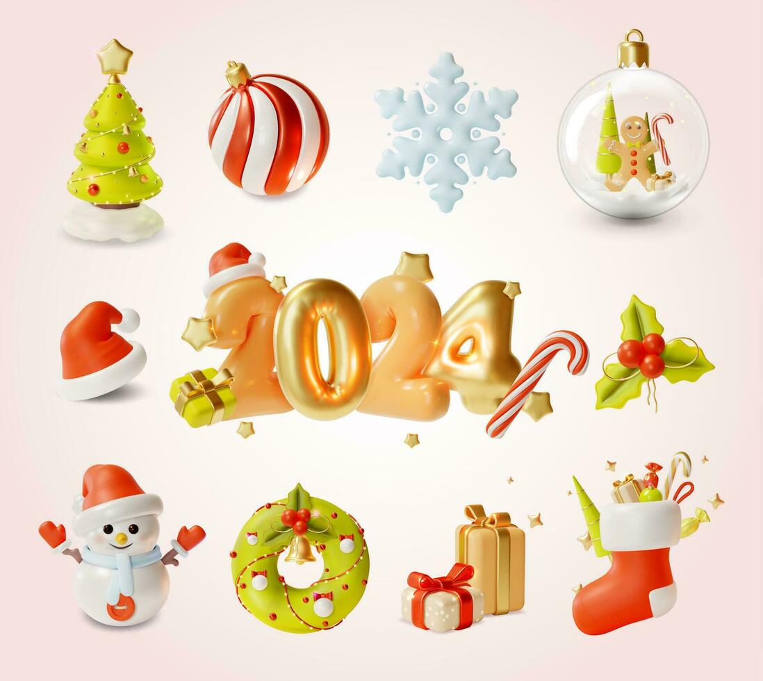 3d Merry Christmas and Happy New Year Concept Element Set Cartoon Style. Vector