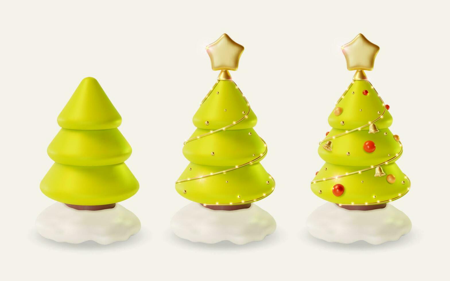 3d alegre Navidad y contento nuevo año concepto verde Navidad árbol con dorado estrella conjunto dibujos animados estilo. vector