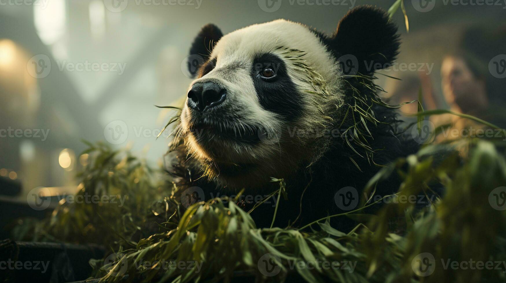 de cerca foto de un panda mirando ninguna dirección en selva. generativo ai