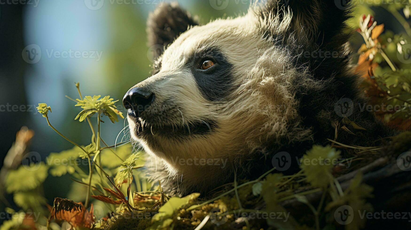 Close-up photo of a Panda looking any direction on jungle. Generative AI