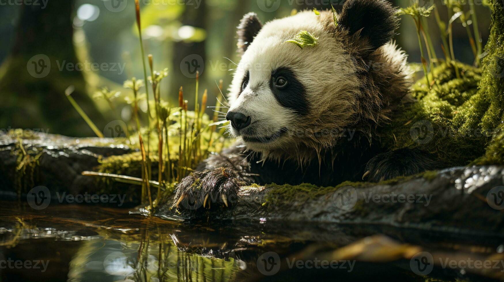 de cerca foto de un panda mirando ninguna dirección en selva. generativo ai