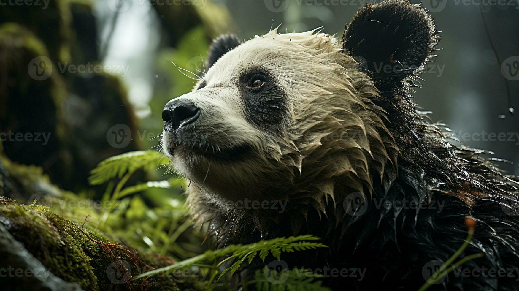 de cerca foto de un panda mirando ninguna dirección en selva. generativo ai