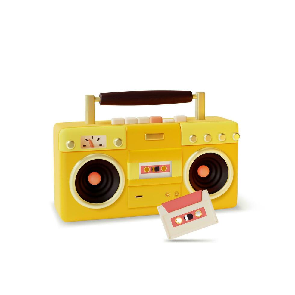 3d retro boombox y audio casete conjunto dibujos animados estilo. vector