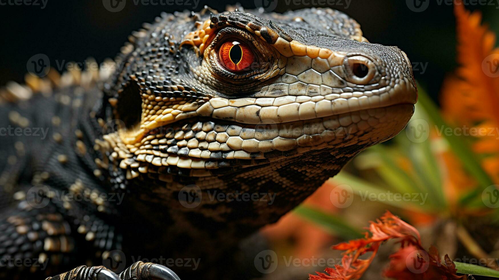 Close-up photo of a Monitor Lizard looking in their habitat. Generative AI