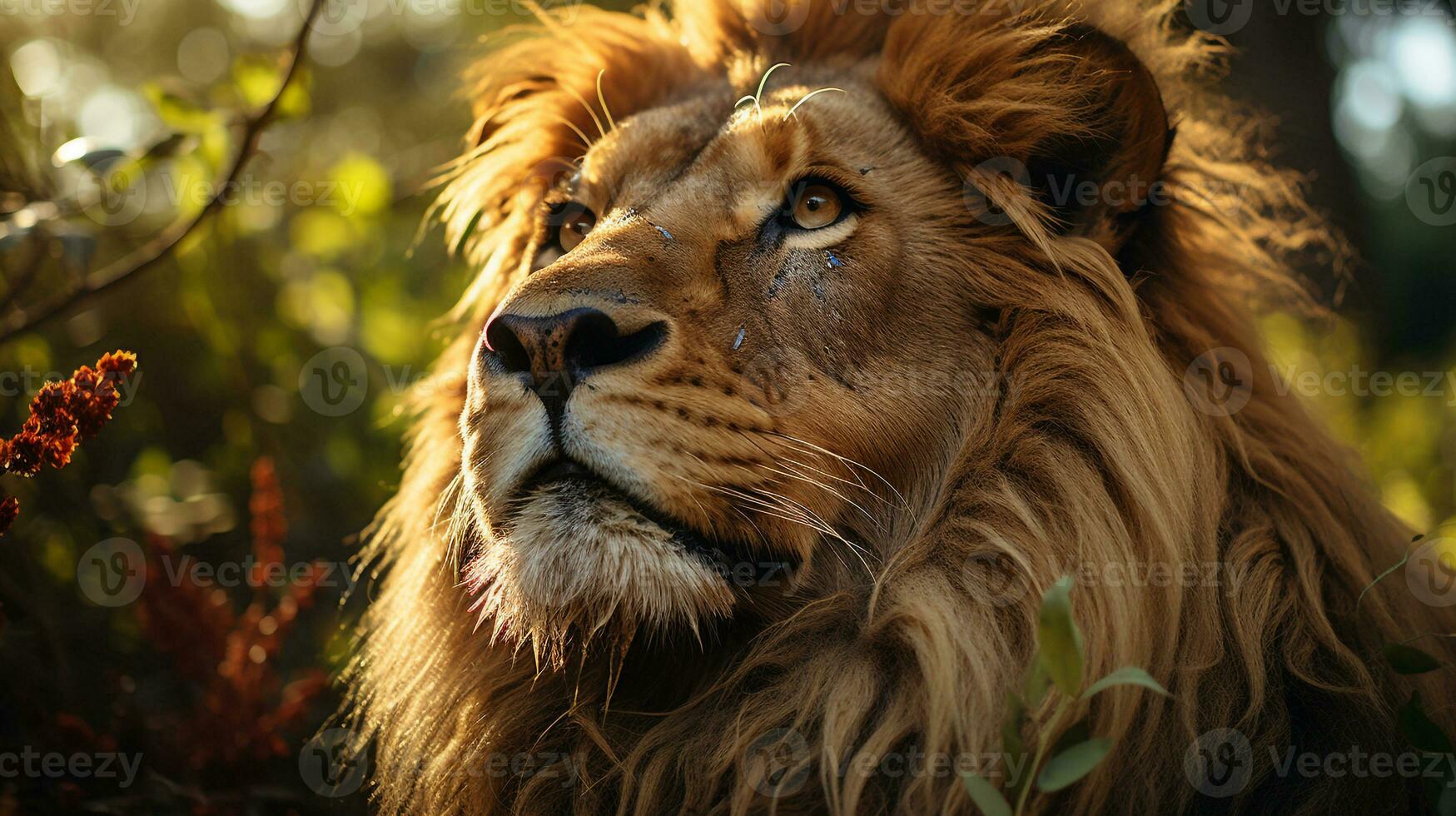 Close-up photo of a Lion looking any direction on jungle. Generative AI