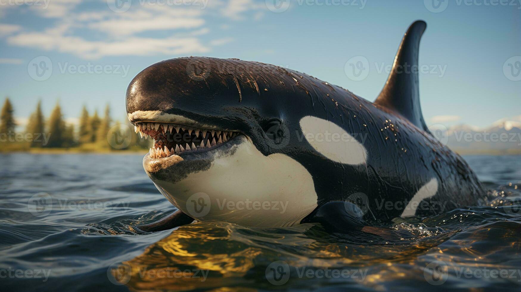 Close-up photo of a Killer Whale looking any direction. Generative AI