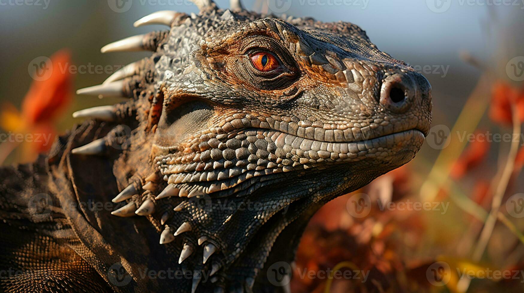 Close-up photo of a Komodo Dragon looking in their habitat. Generative AI