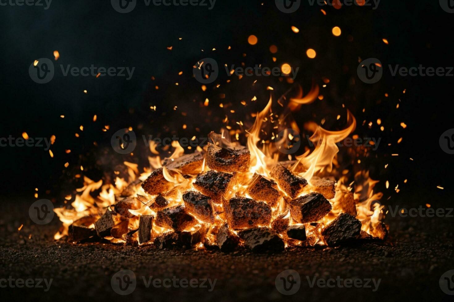 Detail of fire sparks isolated on black background. AI generated photo