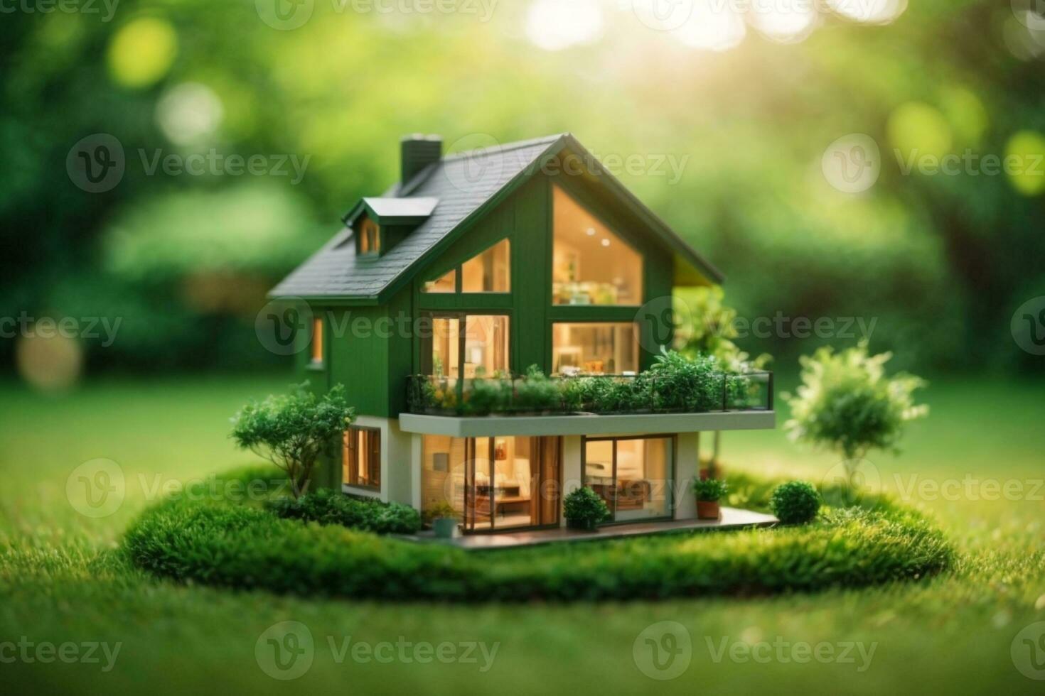 Copy space of home and life concept. Small model home on green grass with sunlight abstract background.. AI generated photo