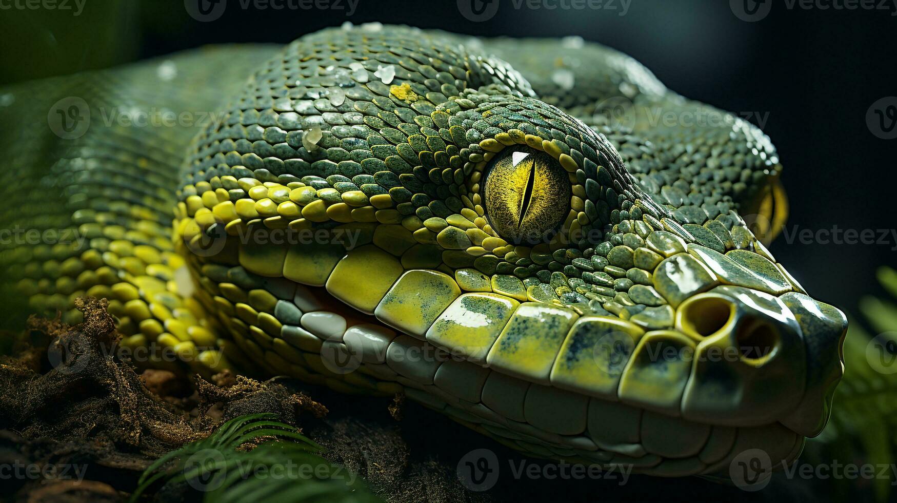 Close-up photo of a Green Tree Python looking in their habitat. Generative AI