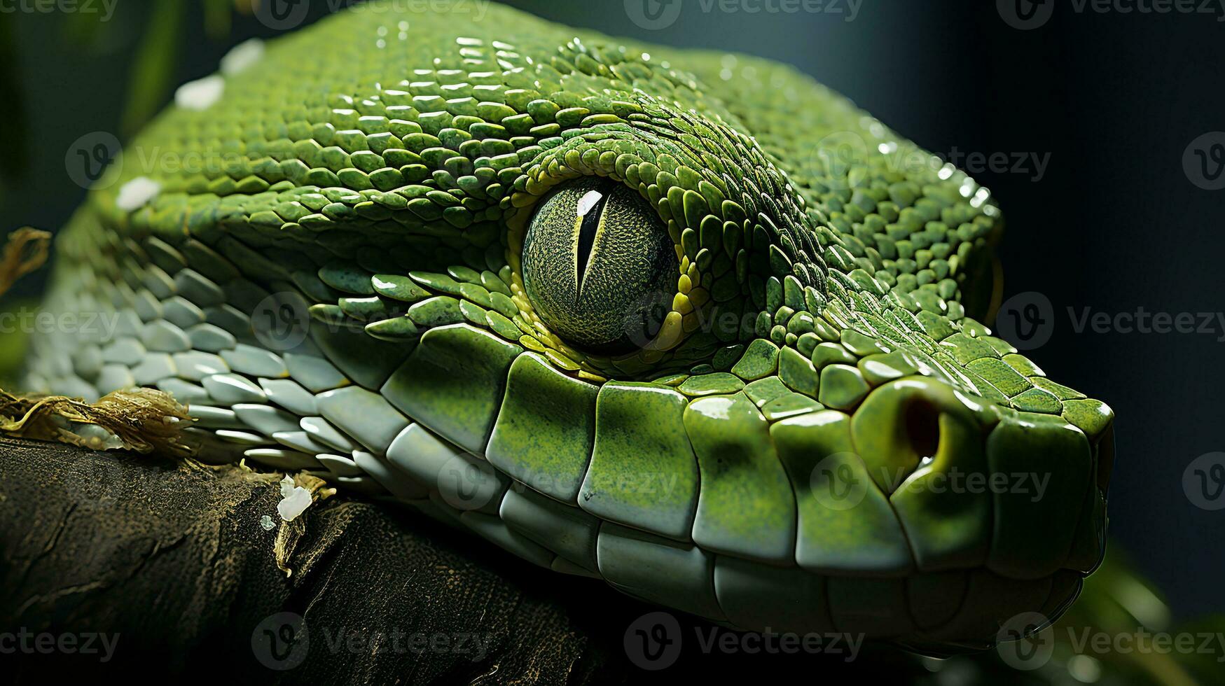 Close-up photo of a Green Tree Python looking in their habitat. Generative AI