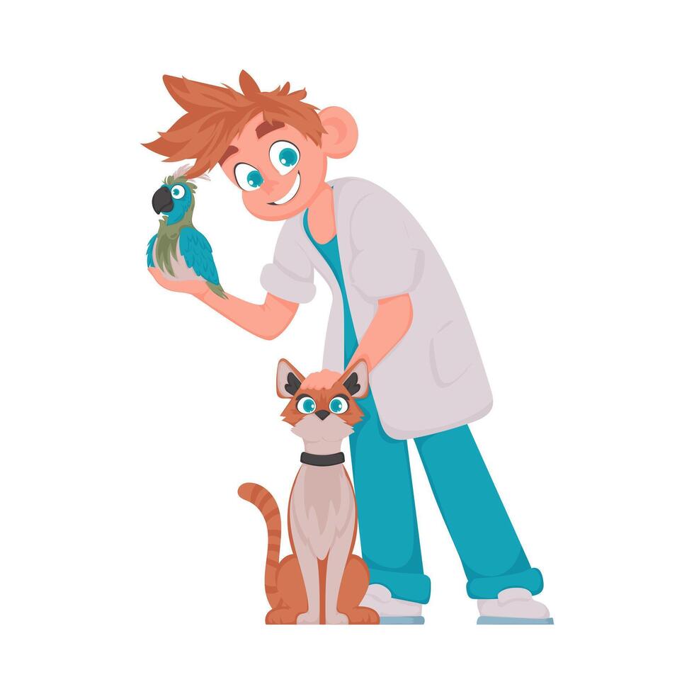 A man in a lab coat is holding a bird and a cat vector