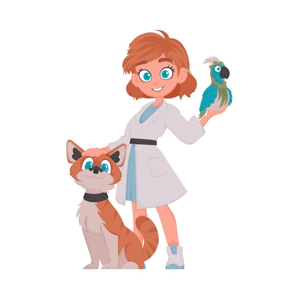 A woman in a lab coat holding a parrot and a dog vector