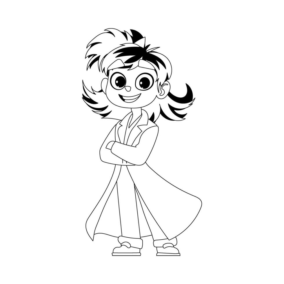 A girl who is both funny and adorable is wearing a medical uniform. Childrens coloring page. vector
