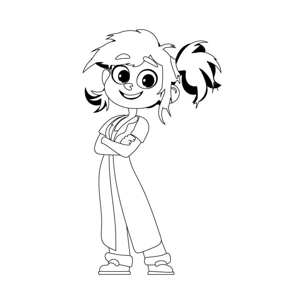 A funny and cute girl is dressed in a medical outfit. Childrens coloring page. vector