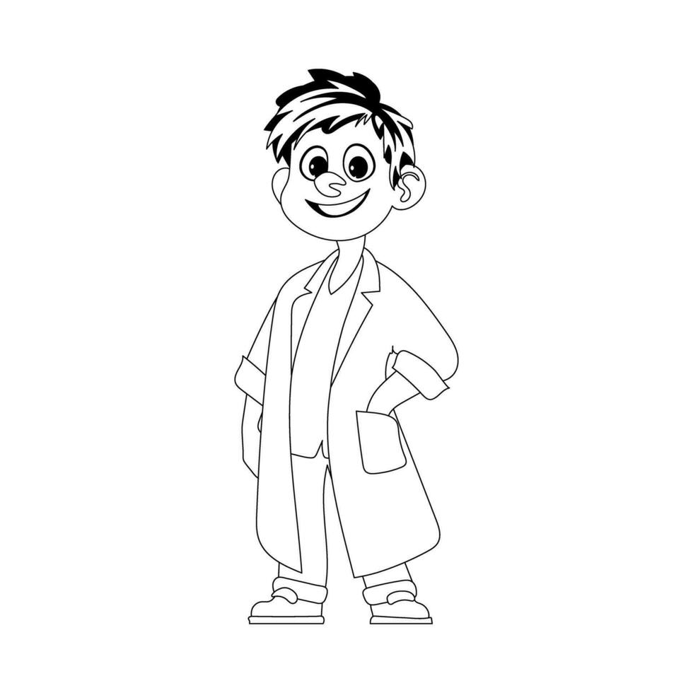 un chico quien es gracioso y adorable, y trabajos como un médico profesional vistiendo un uniforme. para niños colorante página. vector