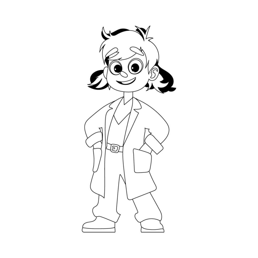 A cute and funny girl is dressed in clothes similar to what doctors wear. Childrens coloring page. vector