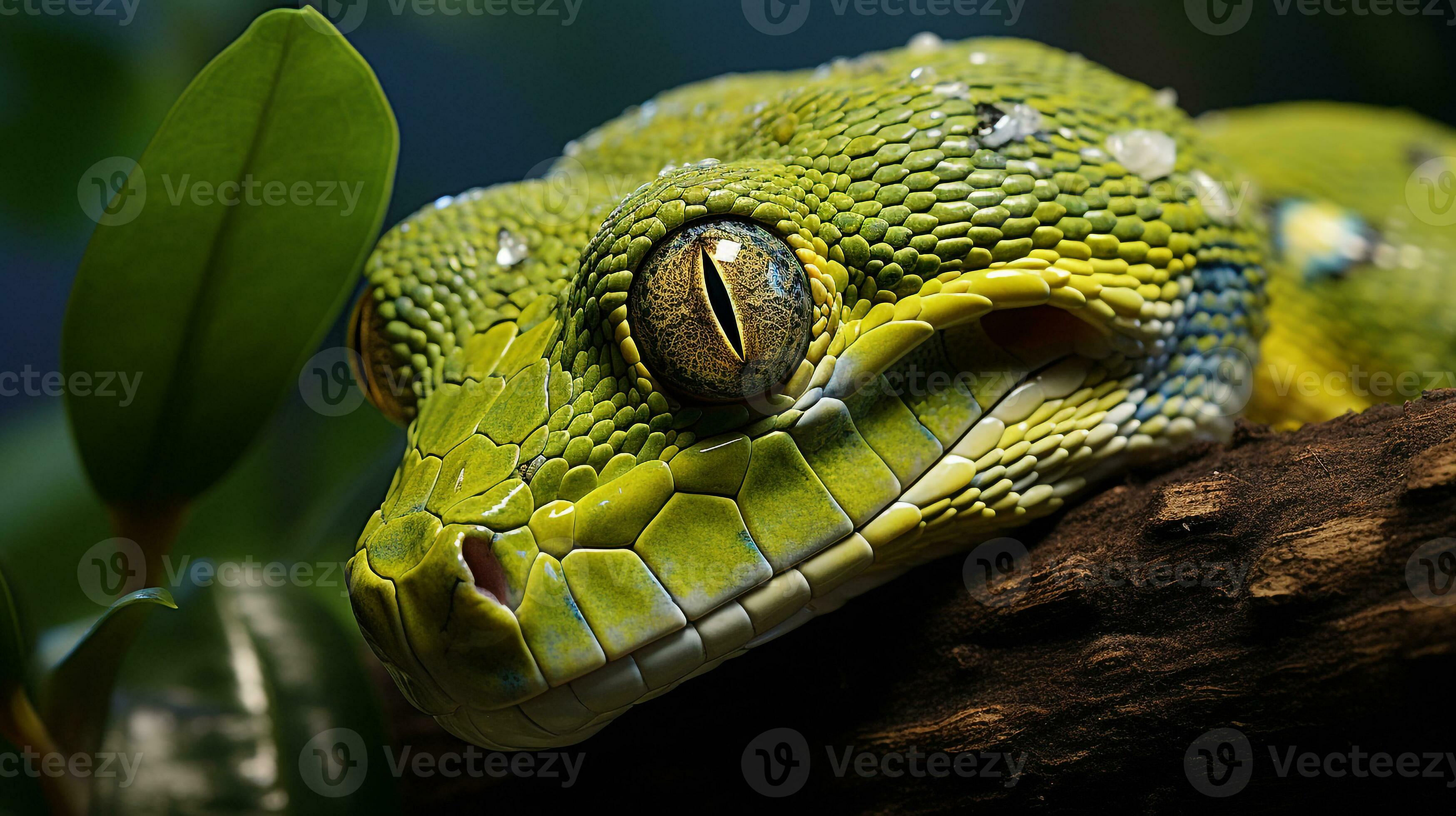 Close-up photo of a Green Tree Python looking in their habitat ...