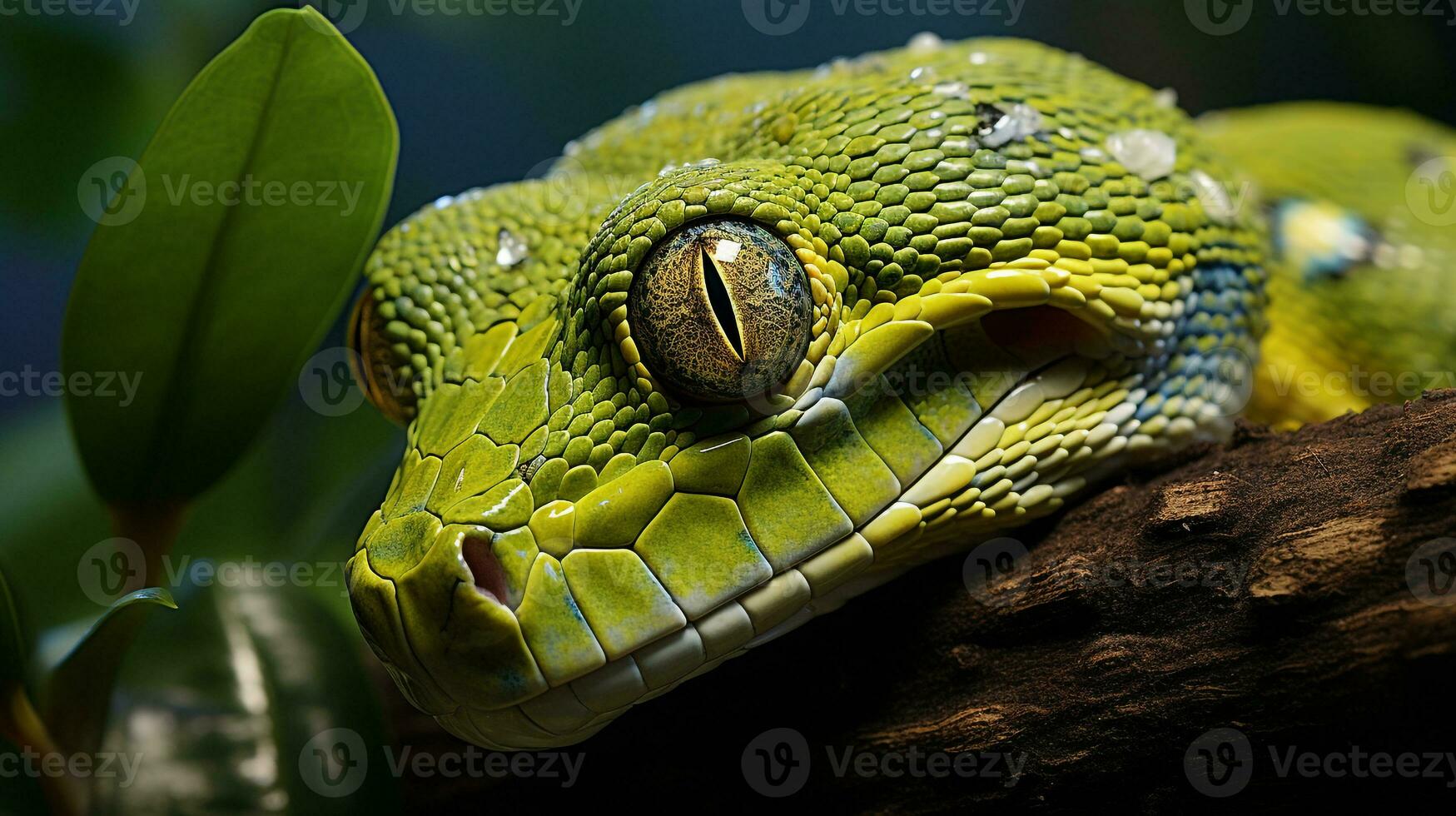 Close-up photo of a Green Tree Python looking in their habitat. Generative AI