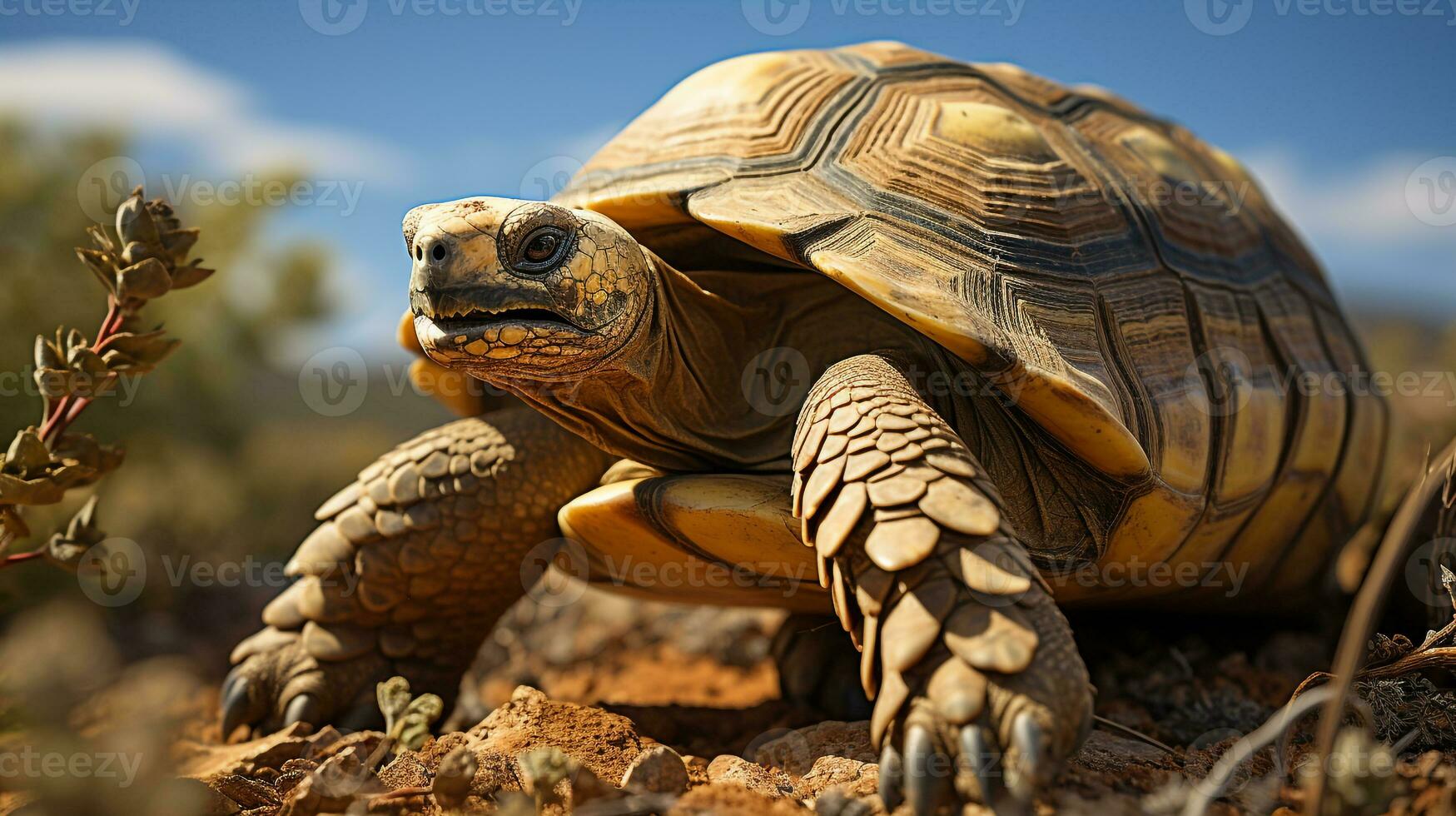 Close-up photo of a Desert Tortoise looking any direction in the Desert. Generative AI