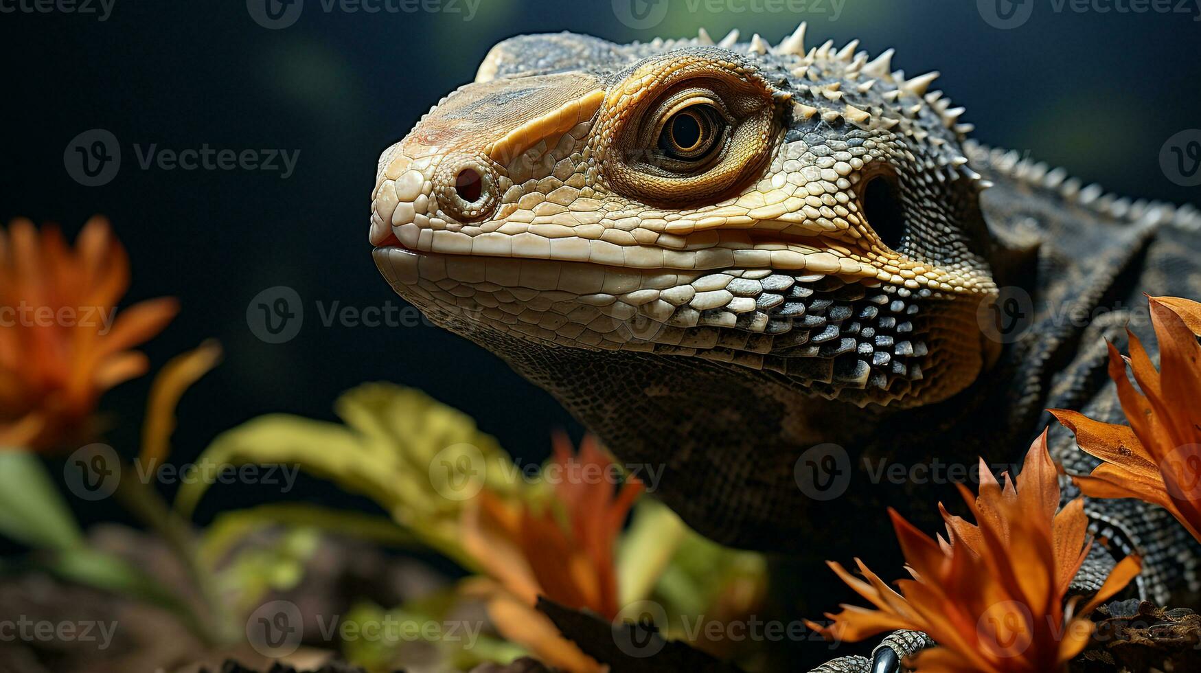 Close-up photo of a Desert Monitor Lizard looking any direction in the Desert. Generative AI