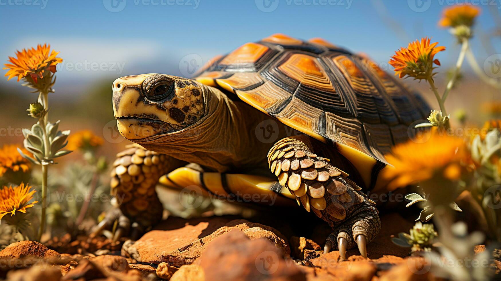 de cerca foto de un Desierto tortuga mirando ninguna dirección en el desierto. generativo ai