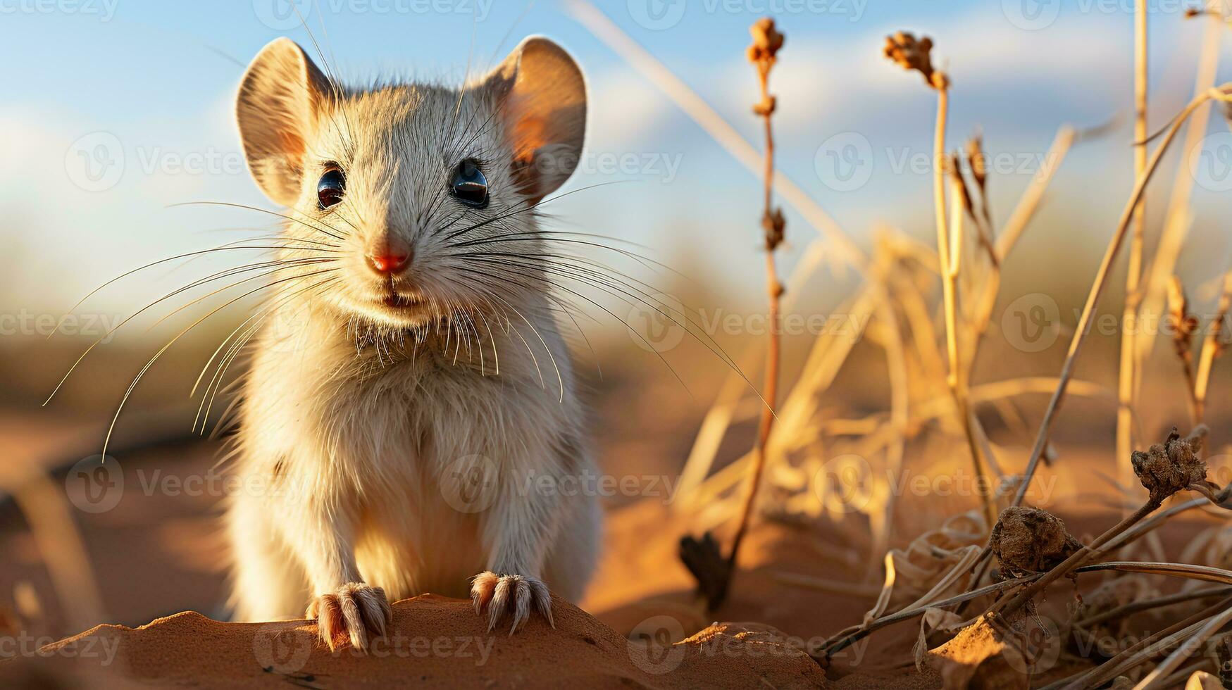 Close-up photo of a Desert Kangaroo Rat looking any direction in the Desert. Generative AI