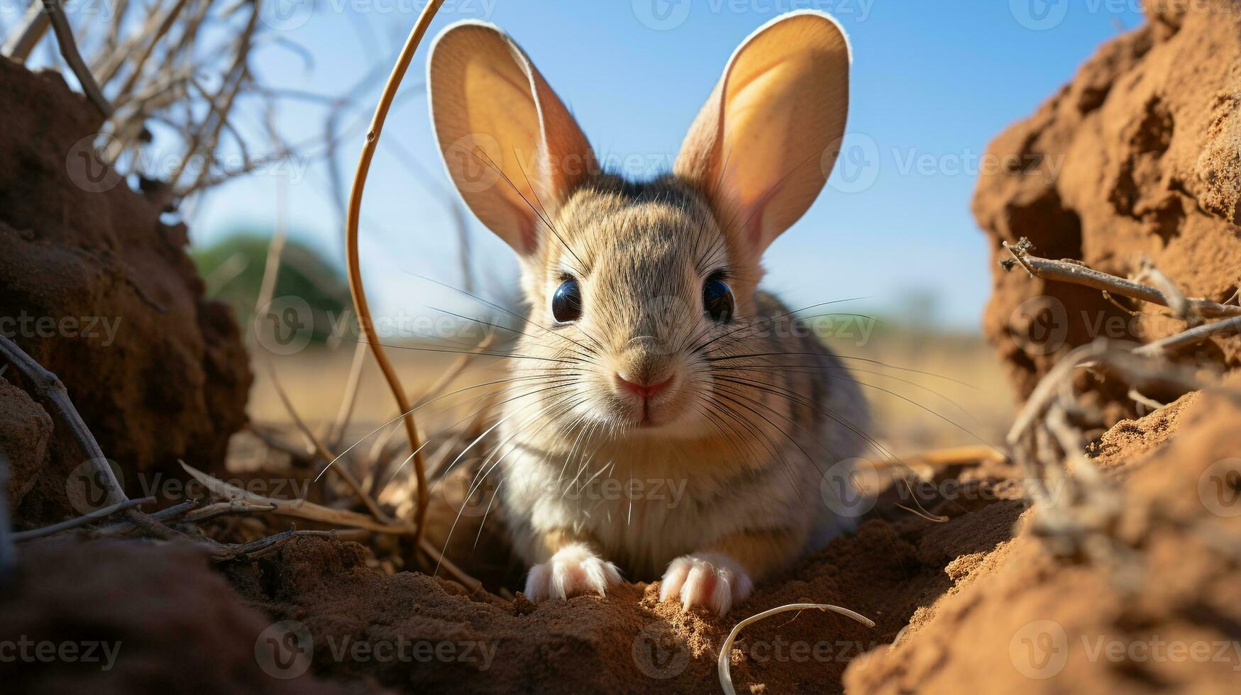 Close-up photo of a Desert Jerboa looking any direction in the Desert. Generative AI