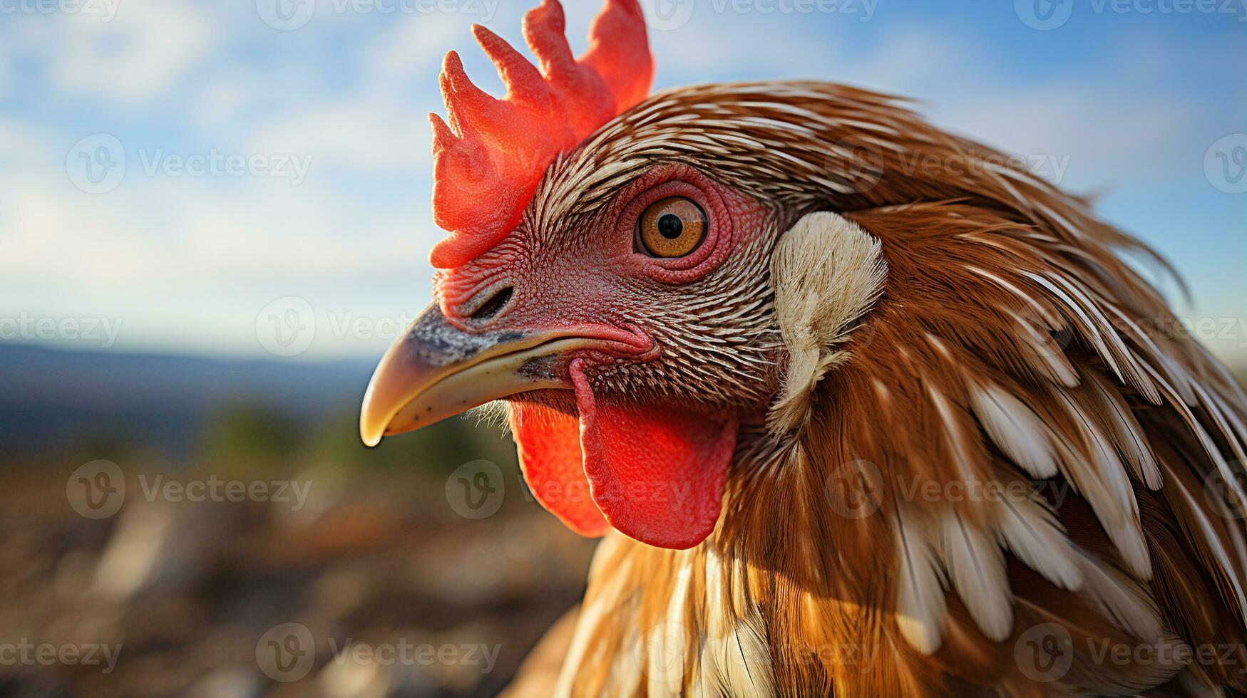 de cerca foto de un pollo mirando ninguna dirección. generativo ai