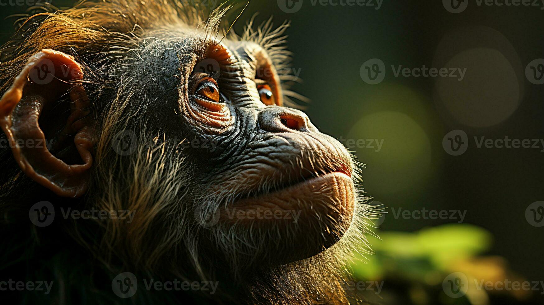 Close-up photo of a Chimpanzee looking any direction on jungle. Generative AI