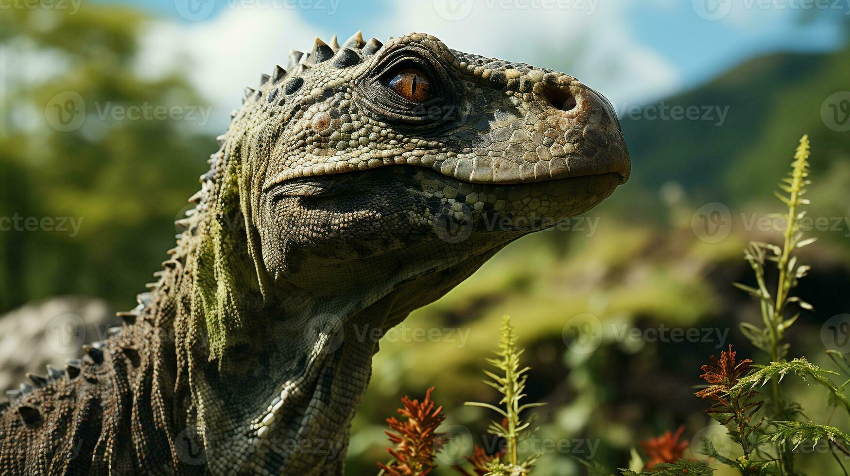 Close-up photo of a Brontosaurus looking in their habitat. Generative AI