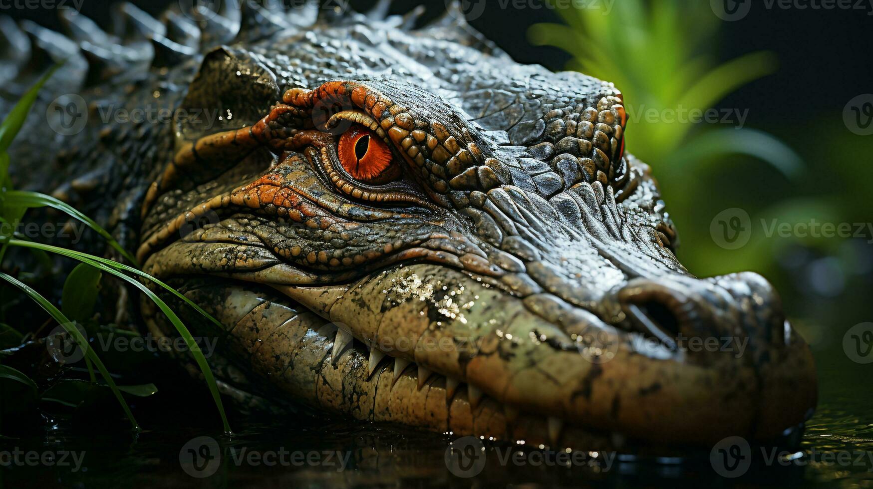 Close-up photo of a Caiman looking any direction on jungle. Generative AI