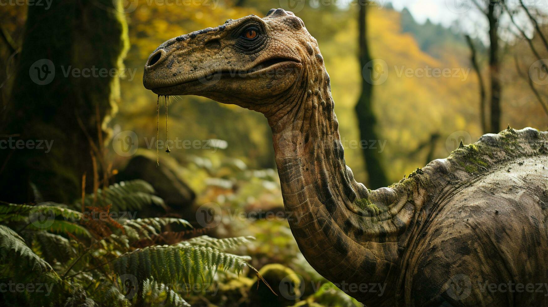 de cerca foto de un brachiosaurus mirando en su hábitat. generativo ai