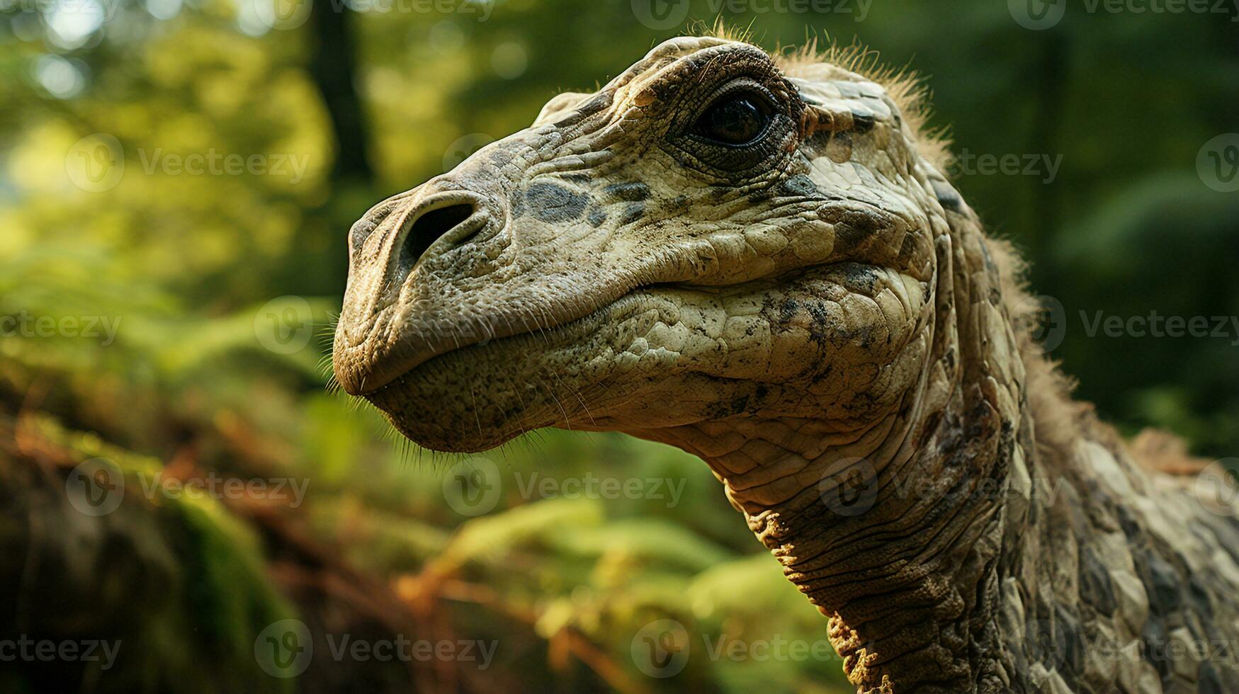 Close-up photo of a Brachiosaurus looking in their habitat. Generative AI