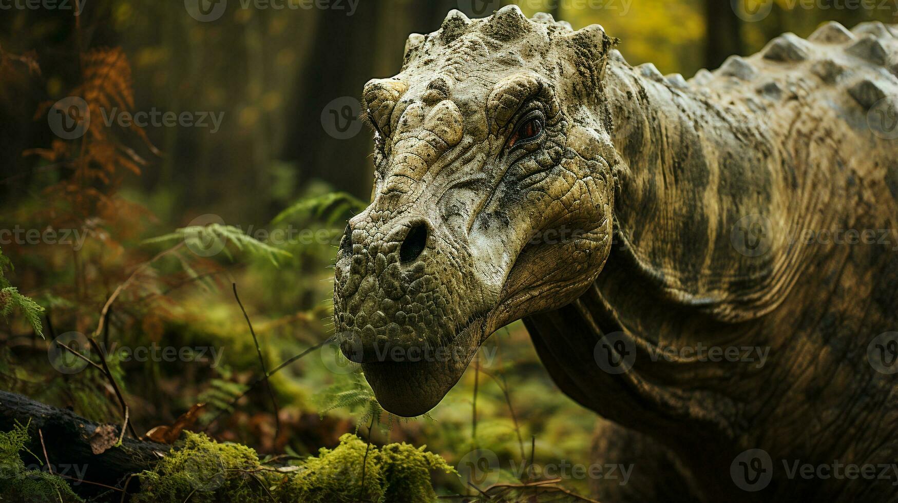 Close-up photo of a Brachiosaurus looking in their habitat. Generative AI