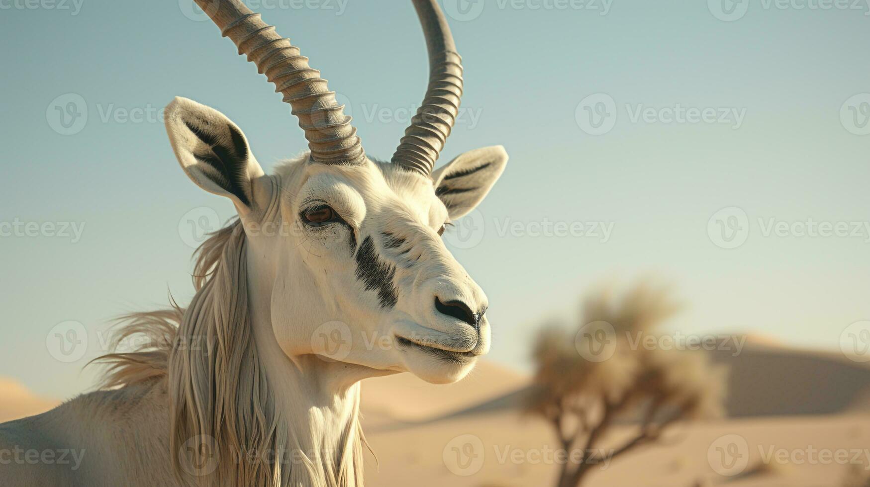 de cerca foto de un árabe orix mirando ninguna dirección en el desierto. generativo ai