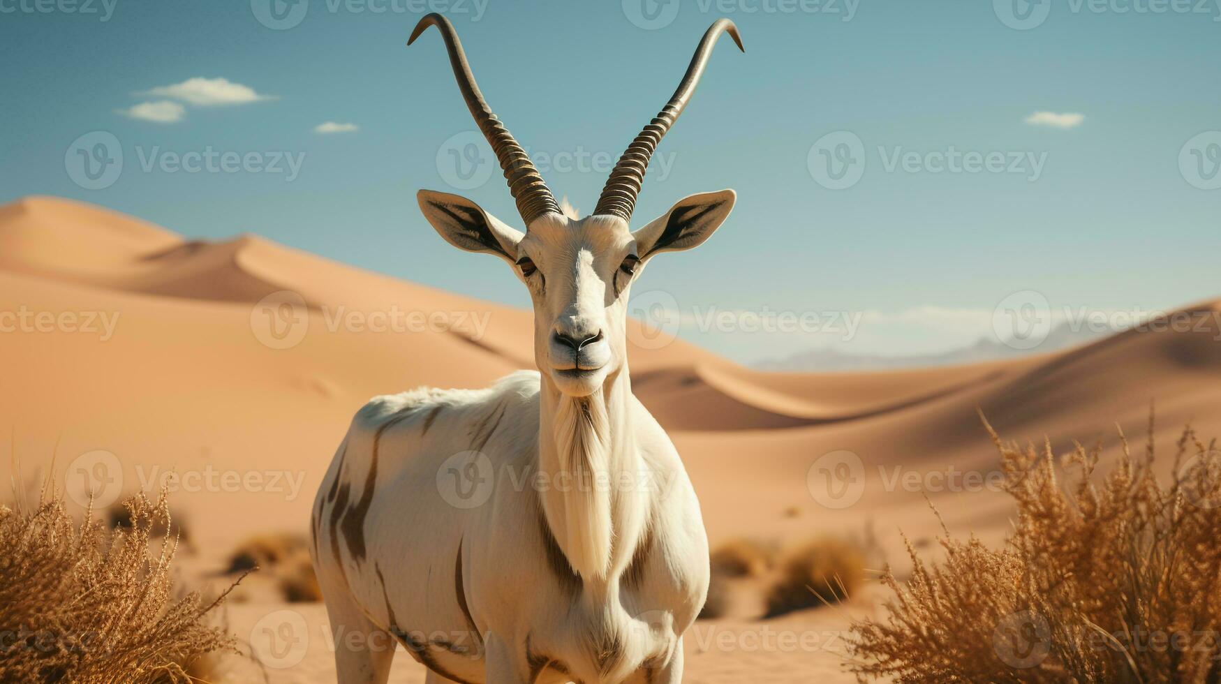 Close-up photo of a Arabian Oryx looking any direction in the Desert. Generative AI