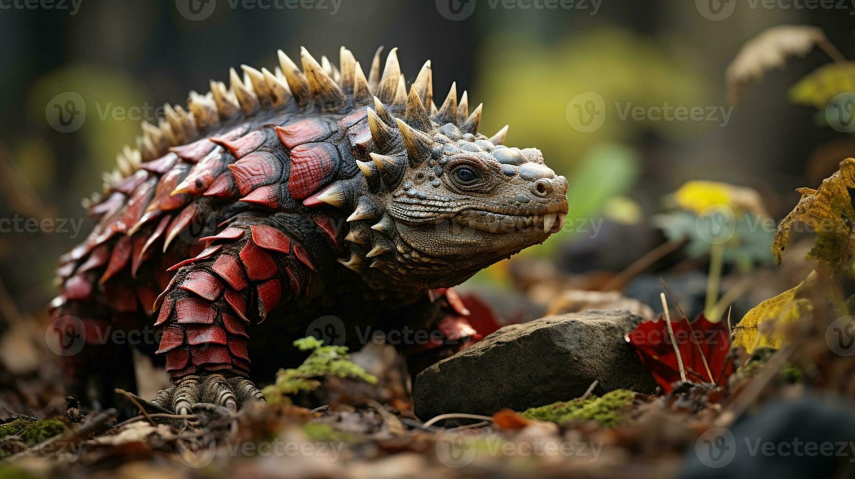 Close-up photo of a Ankylosaurus looking in their habitat. Generative AI